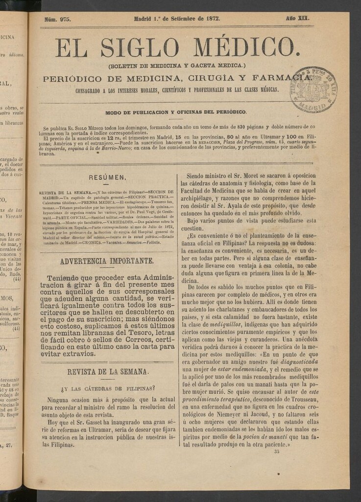 Miniatura de El Siglo Médico: boletín de medicina y gaceta médica del 1 de septiembre de 1872