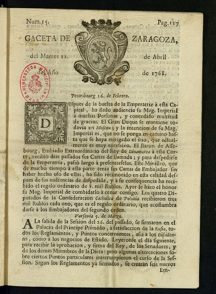 Miniatura de Gazeta de Zaragoza del 12 de abril de 1768