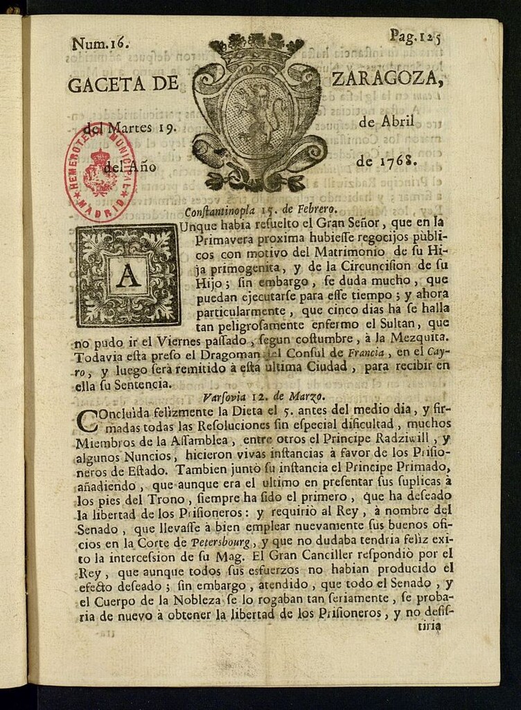 Miniatura de Gazeta de Zaragoza del 19 de abril de 1768