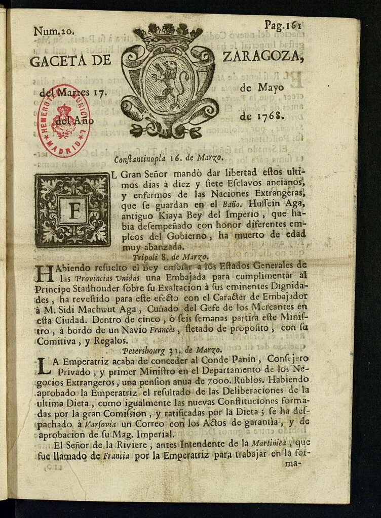 Miniatura de Gazeta de Zaragoza del 17 de mayo de 1768