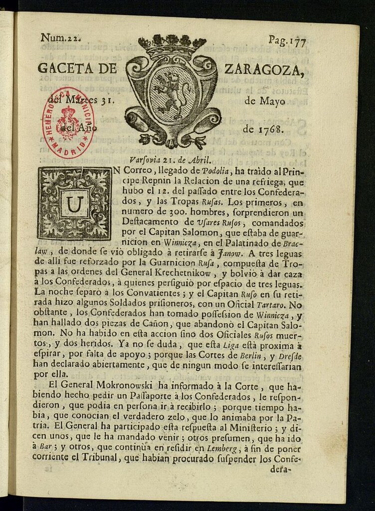 Miniatura de Gazeta de Zaragoza del 31 de mayo de 1768