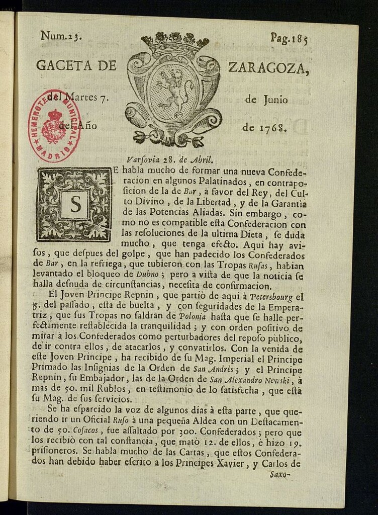 Miniatura de Gazeta de Zaragoza del 7 de junio de 1768