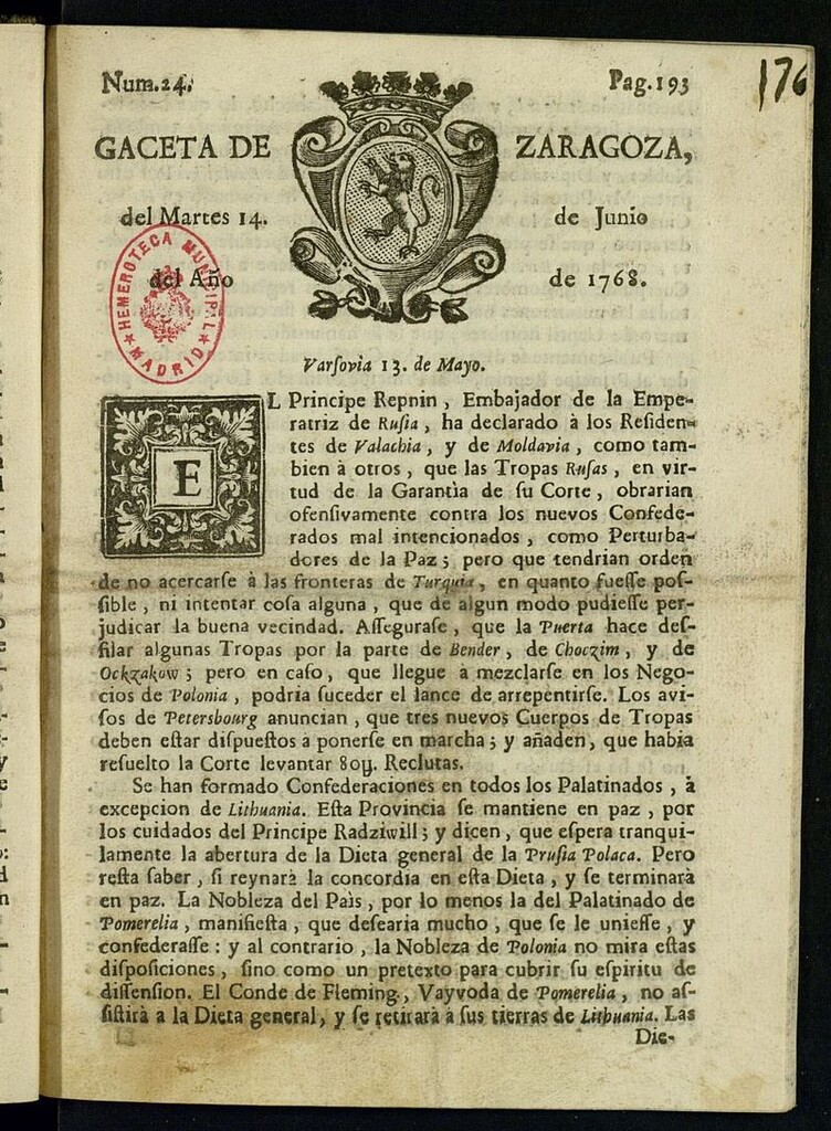 Miniatura de Gazeta de Zaragoza del 14 de junio de 1768