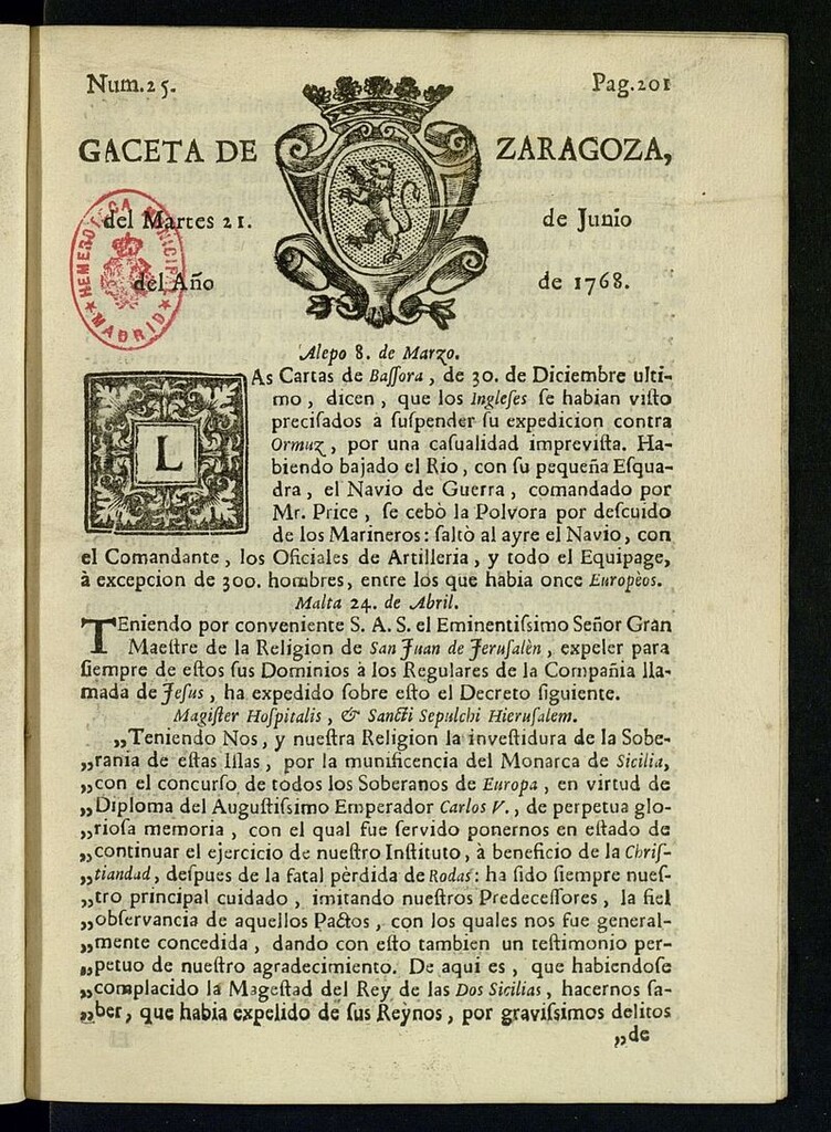 Miniatura de Gazeta de Zaragoza del 21 de junio de 1768