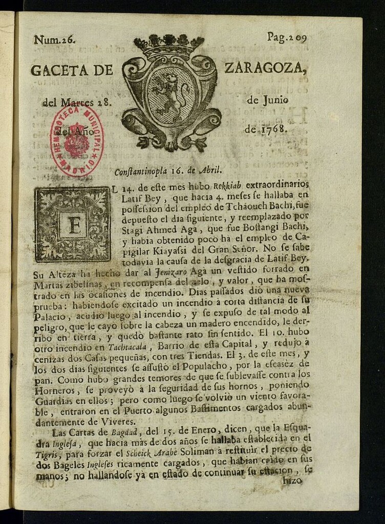 Miniatura de Gazeta de Zaragoza del 28 de junio de 1768