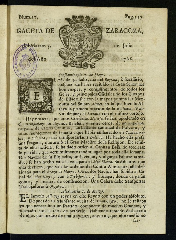 Miniatura de Gazeta de Zaragoza del 5 de julio de 1768