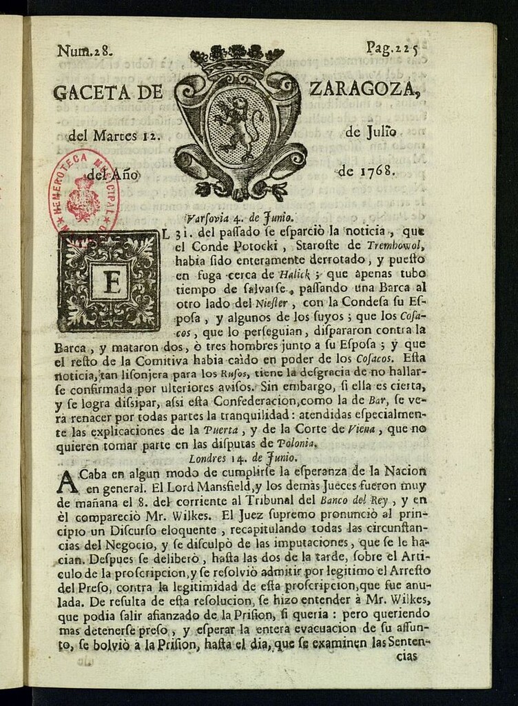 Miniatura de Gazeta de Zaragoza del 12 de julio de 1768