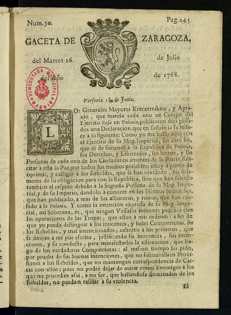 Miniatura de Gazeta de Zaragoza del 26 de julio de 1768