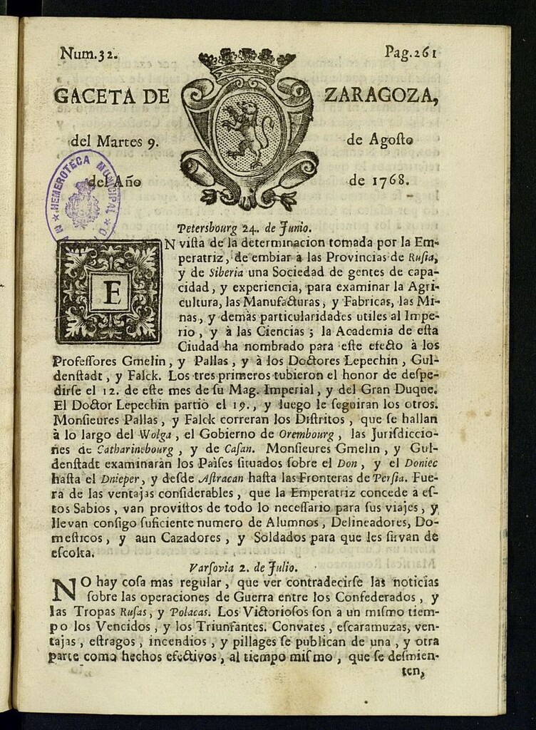 Miniatura de Gazeta de Zaragoza del 9 de agosto de 1768