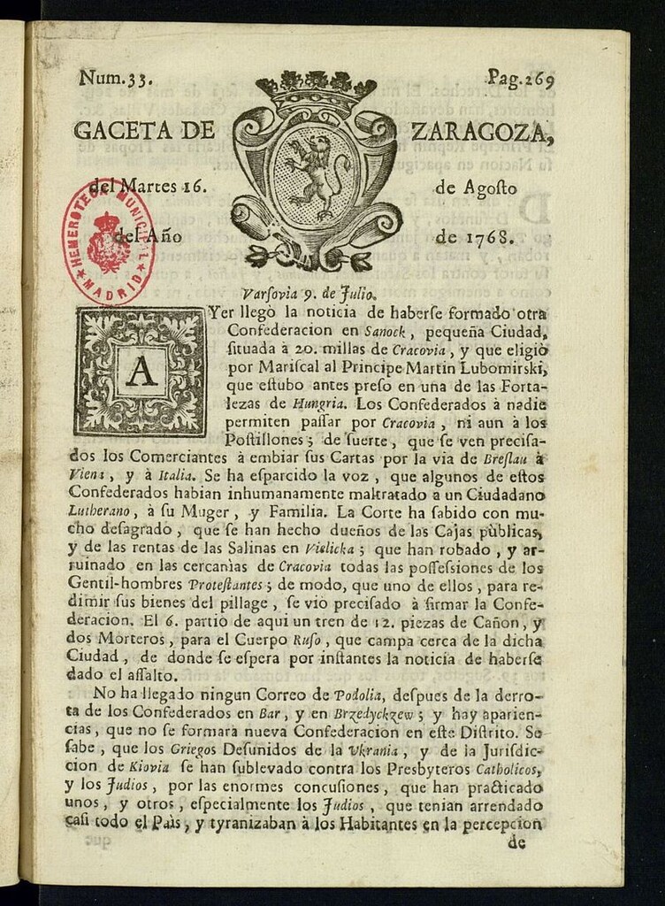 Miniatura de Gazeta de Zaragoza del 16 de agosto de 1768