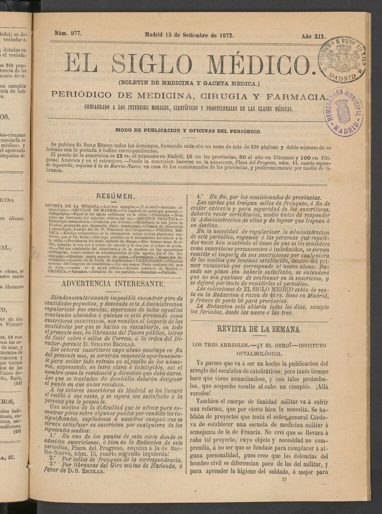 Miniatura de El Siglo Médico: boletín de medicina y gaceta médica del 15 de septiembre de 1872
