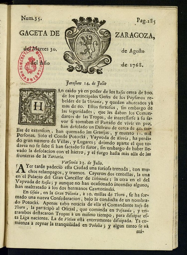Miniatura de Gazeta de Zaragoza del 30 de agosto de 1768