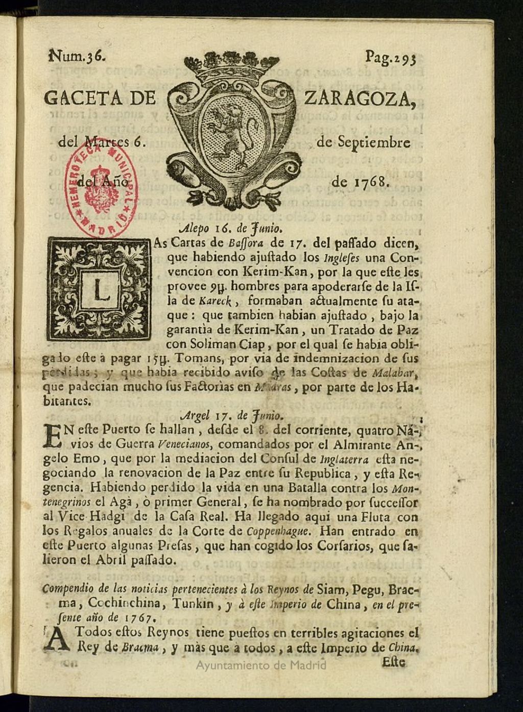 Miniatura de Gazeta de Zaragoza del 6 de septiembre de 1768