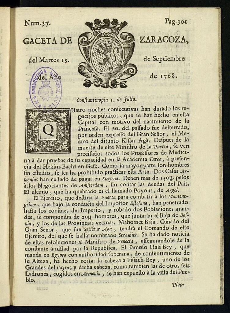 Miniatura de Gazeta de Zaragoza del 13 de septiembre de 1768