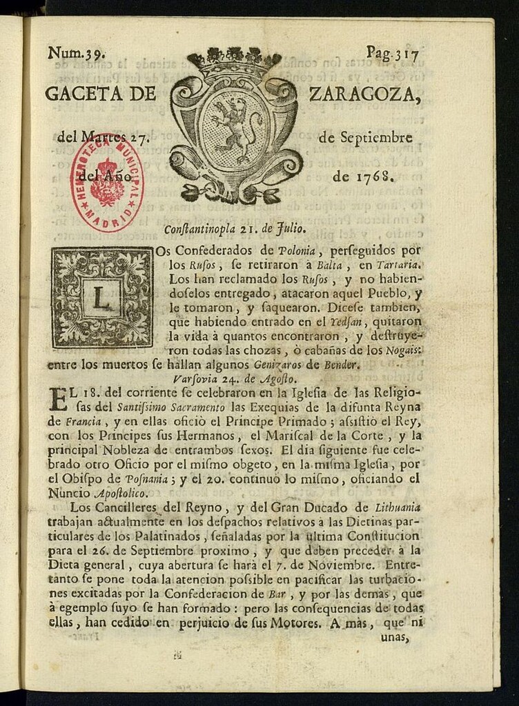 Miniatura de Gazeta de Zaragoza del 27 de septiembre de 1768