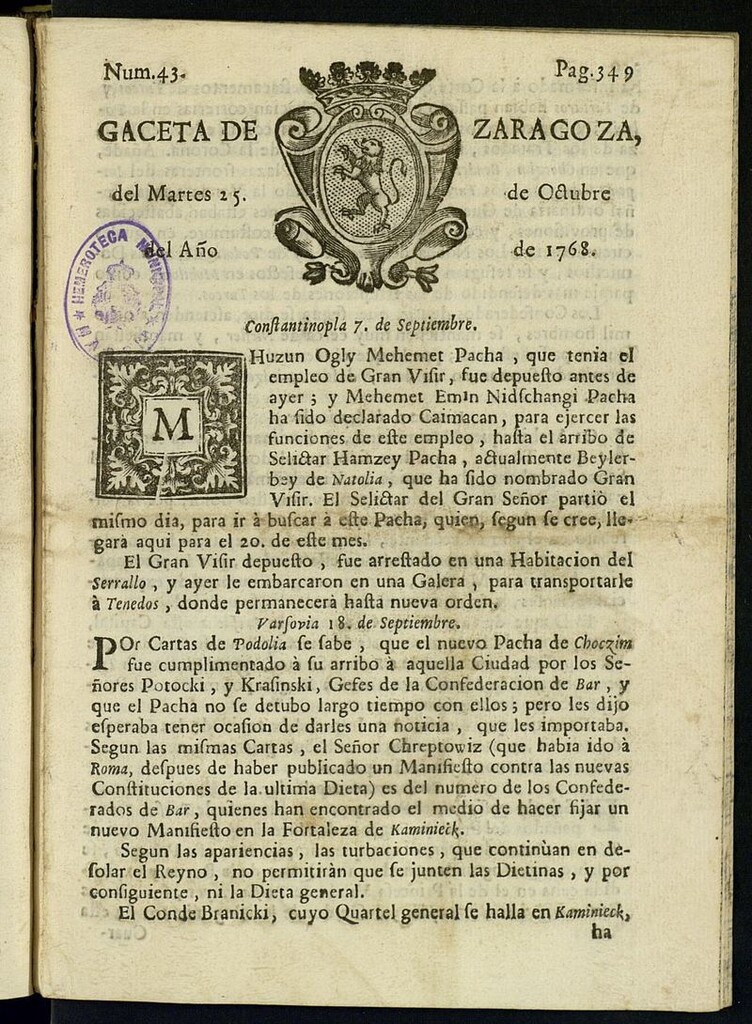 Miniatura de Gazeta de Zaragoza del 25 de octubre de 1768