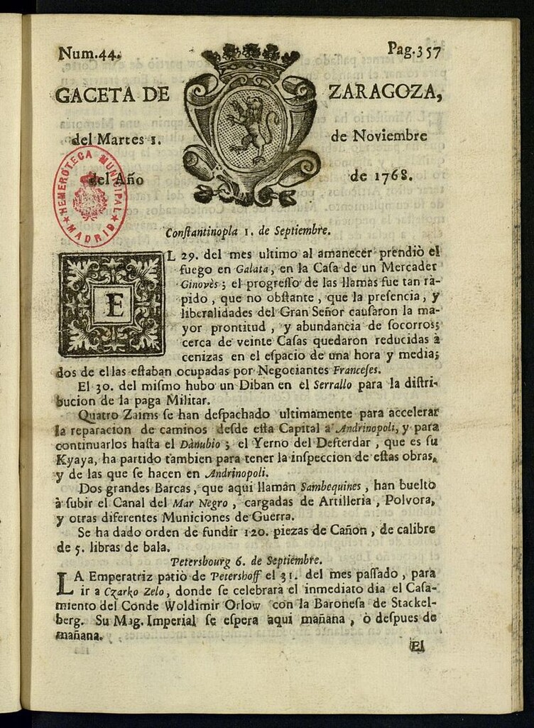 Miniatura de Gazeta de Zaragoza del 1 de noviembre de 1768