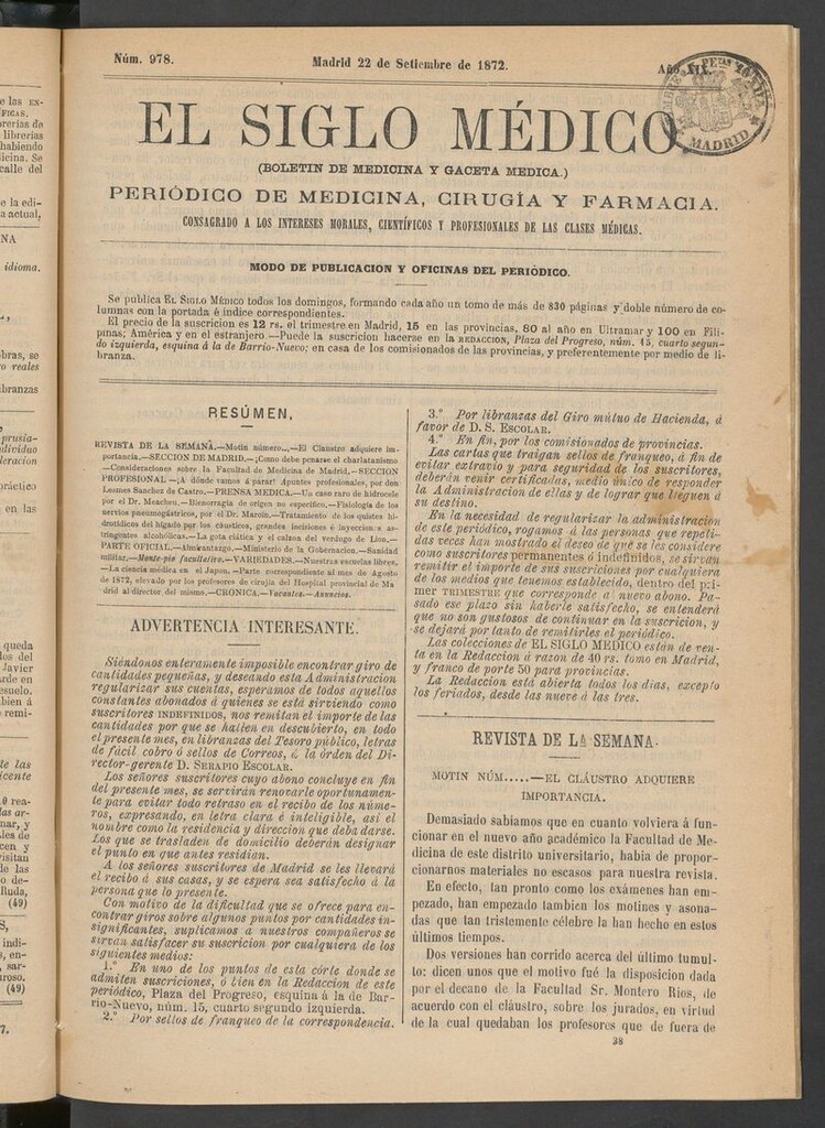Miniatura de El Siglo Médico: boletín de medicina y gaceta médica del 22 de septiembre de 1872