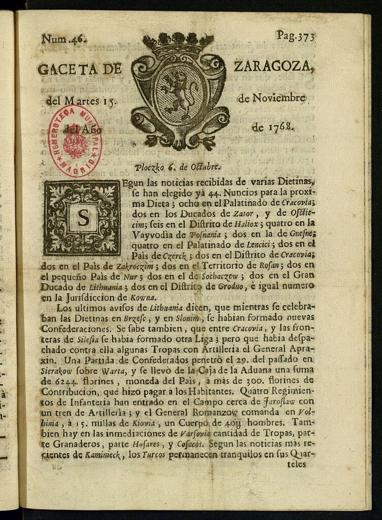 Miniatura de Gazeta de Zaragoza del 15 de noviembre de 1768