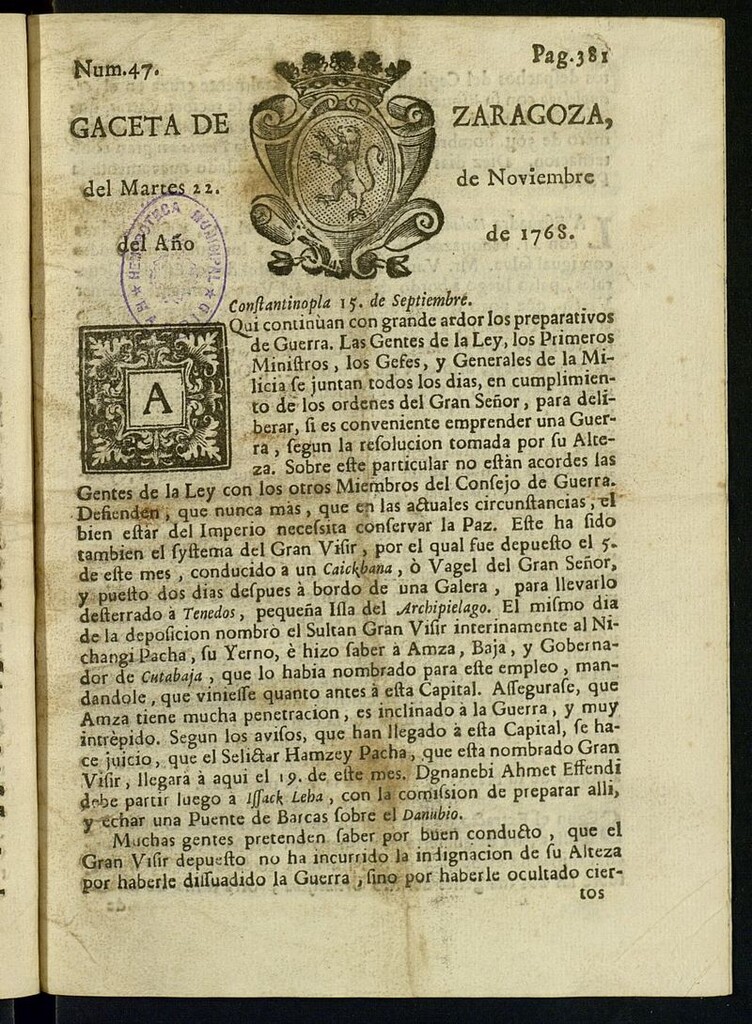 Miniatura de Gazeta de Zaragoza del 22 de noviembre de 1768
