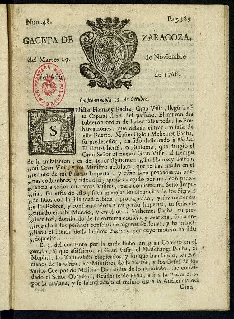 Miniatura de Gazeta de Zaragoza del 29 de noviembre de 1768