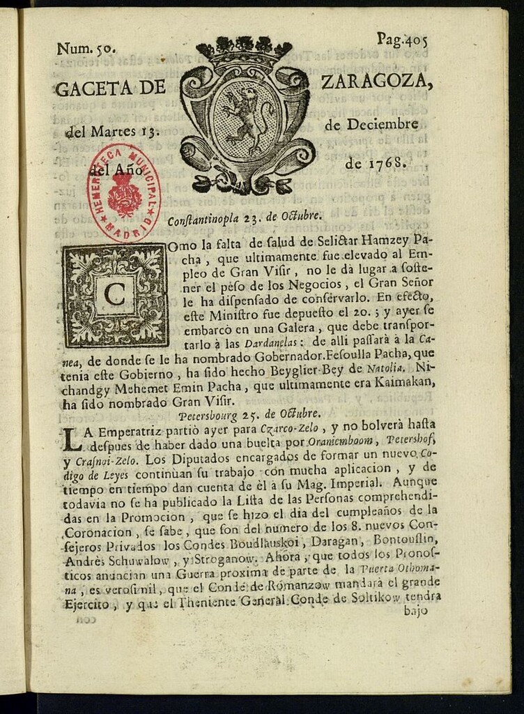 Miniatura de Gazeta de Zaragoza del 13 de diciembre de 1768
