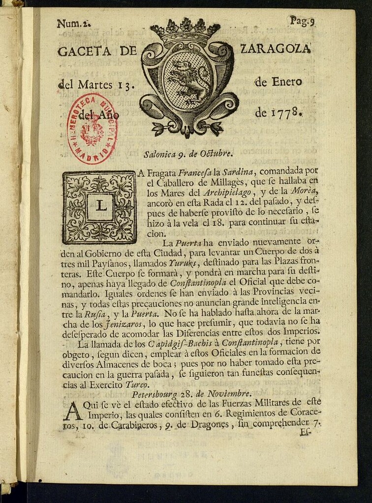 Miniatura de Gazeta de Zaragoza del 13 de enero de 1778