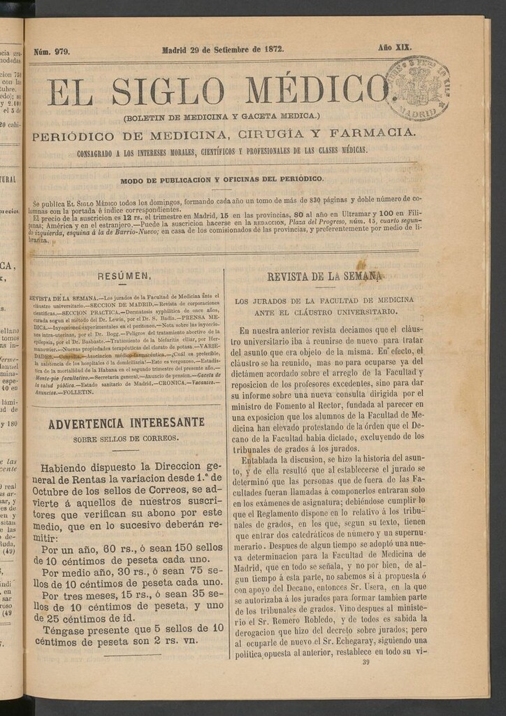 Miniatura de El Siglo Médico: boletín de medicina y gaceta médica del 29 de septiembre de 1872