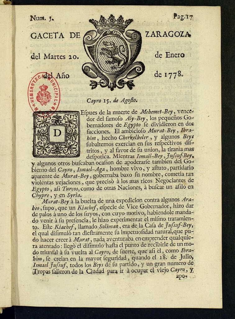 Miniatura de Gazeta de Zaragoza del 20 de enero de 1778
