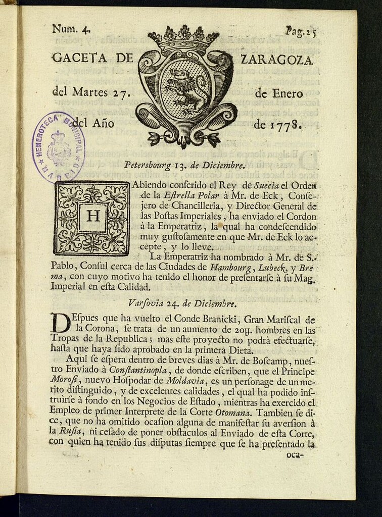 Miniatura de Gazeta de Zaragoza del 27 de enero de 1778