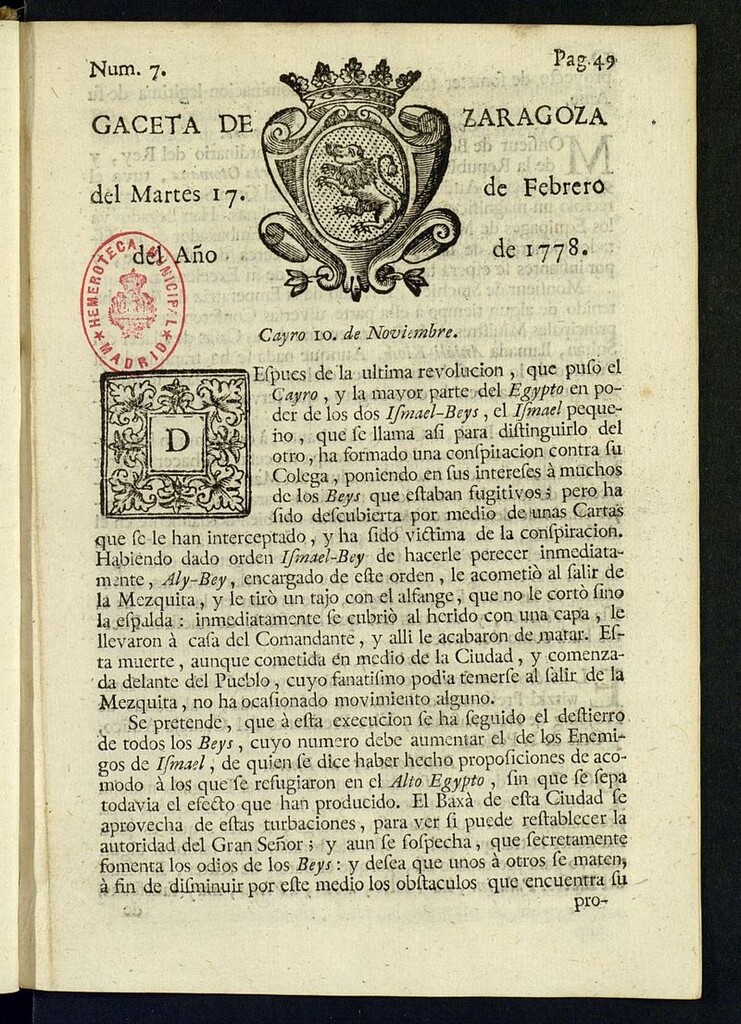 Miniatura de Gazeta de Zaragoza del 17 de febrero de 1778