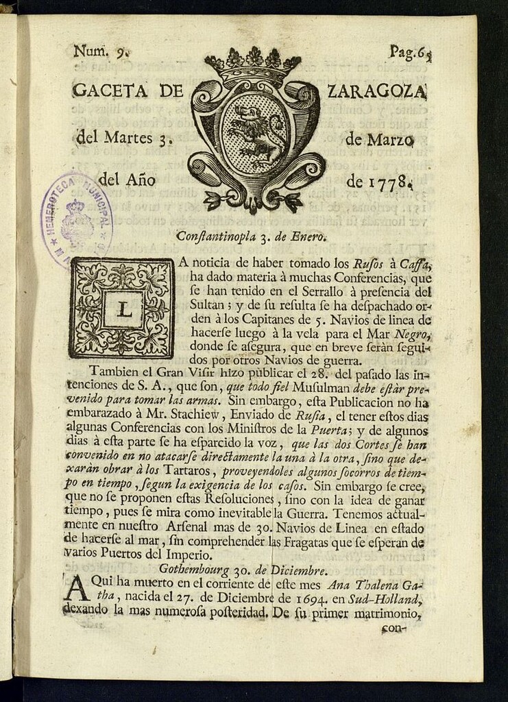 Miniatura de Gazeta de Zaragoza del 3 de marzo de 1778