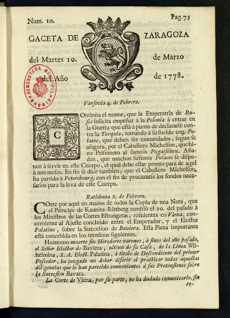Miniatura de Gazeta de Zaragoza del 10 de marzo de 1778