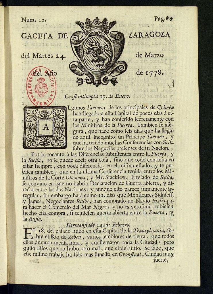 Miniatura de Gazeta de Zaragoza del 24 de marzo de 1778