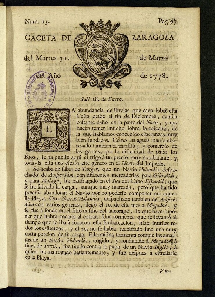 Miniatura de Gazeta de Zaragoza del 31 de marzo de 1778