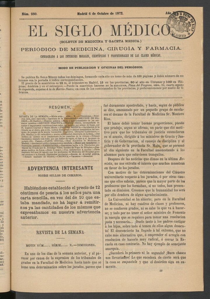 Miniatura de El Siglo Médico: boletín de medicina y gaceta médica del 6 de octubre de 1872