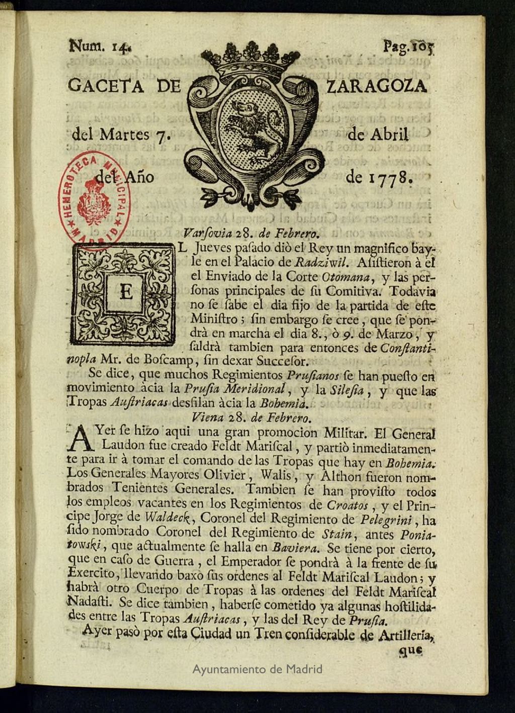 Miniatura de Gazeta de Zaragoza del 7 de abril de 1778