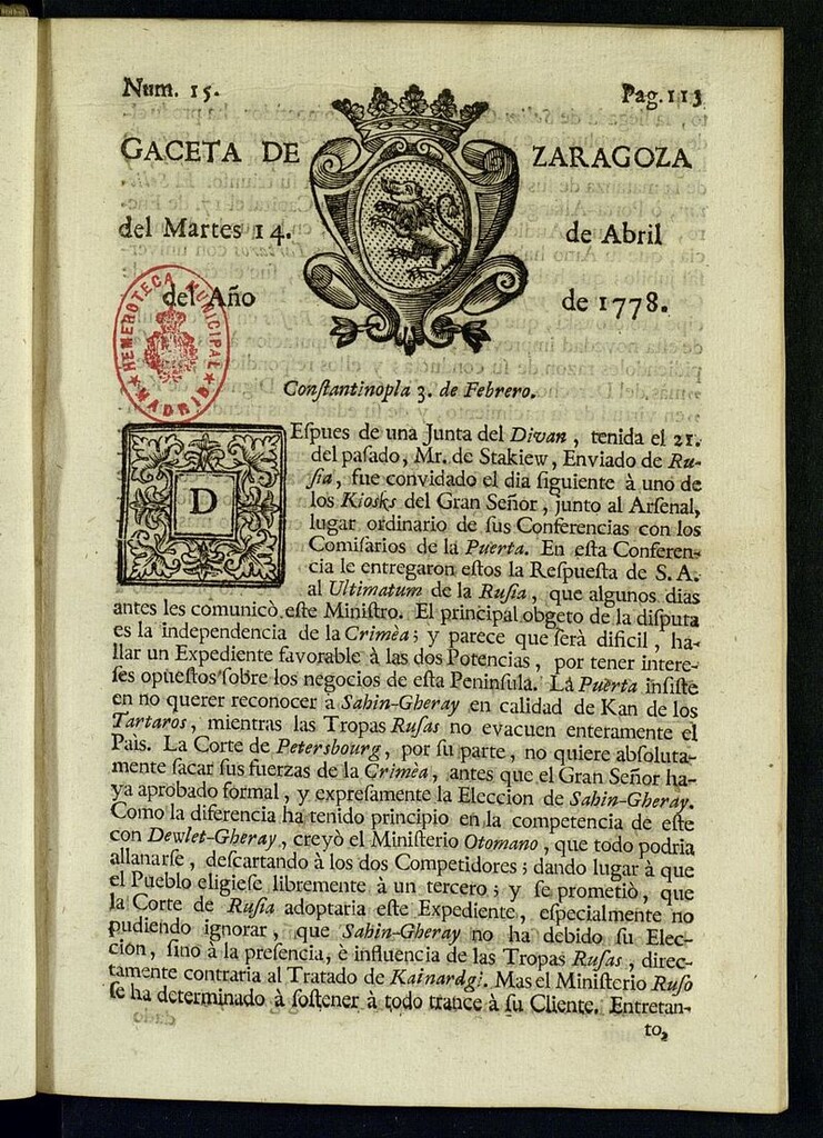 Miniatura de Gazeta de Zaragoza del 14 de abril de 1778