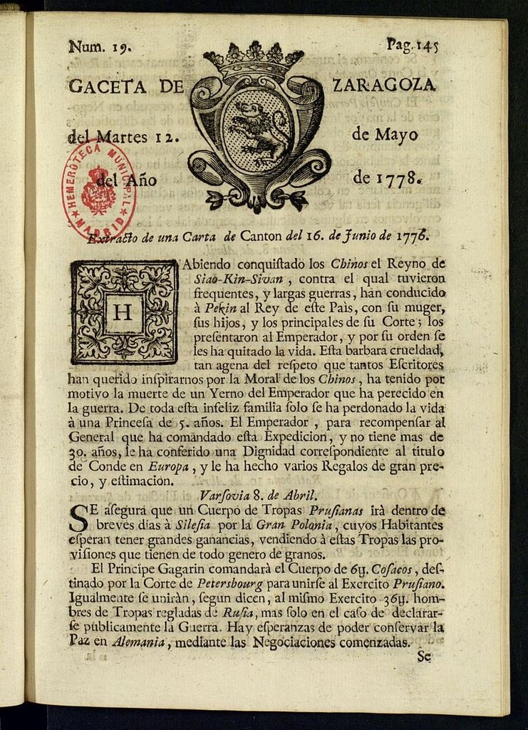 Miniatura de Gazeta de Zaragoza del 12 de mayo de 1778