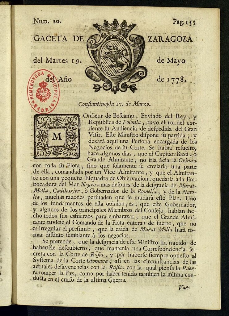 Miniatura de Gazeta de Zaragoza del 19 de mayo de 1778