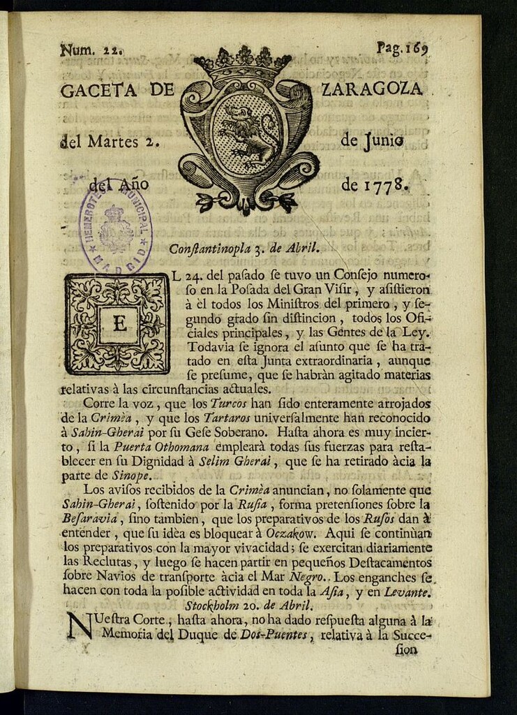 Miniatura de Gazeta de Zaragoza del 2 de junio de 1778