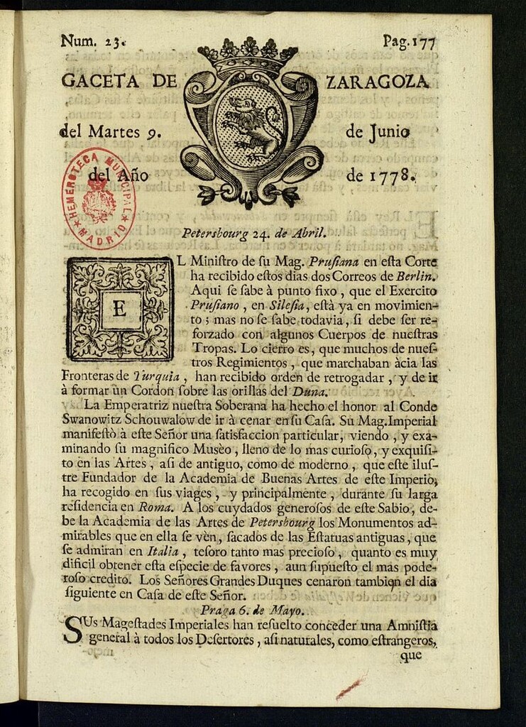 Miniatura de Gazeta de Zaragoza del 9 de junio de 1778