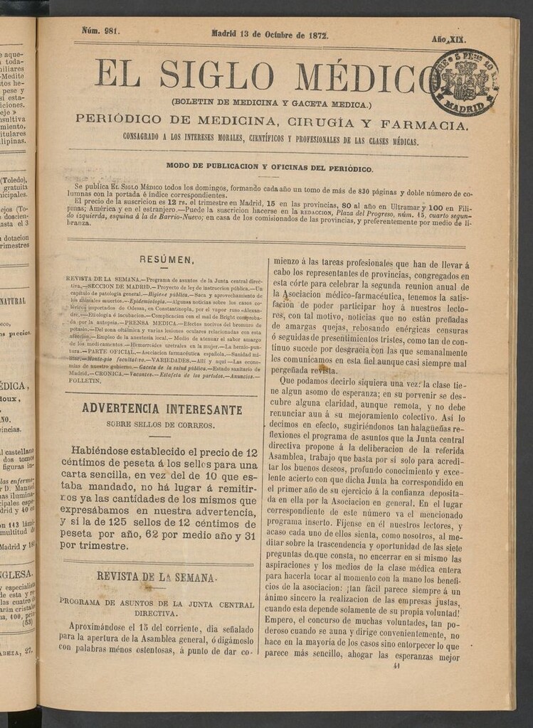 Miniatura de El Siglo Médico: boletín de medicina y gaceta médica del 13 de octubre de 1872