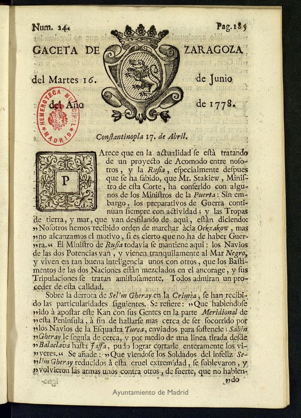 Miniatura de Gazeta de Zaragoza del 16 de junio de 1778