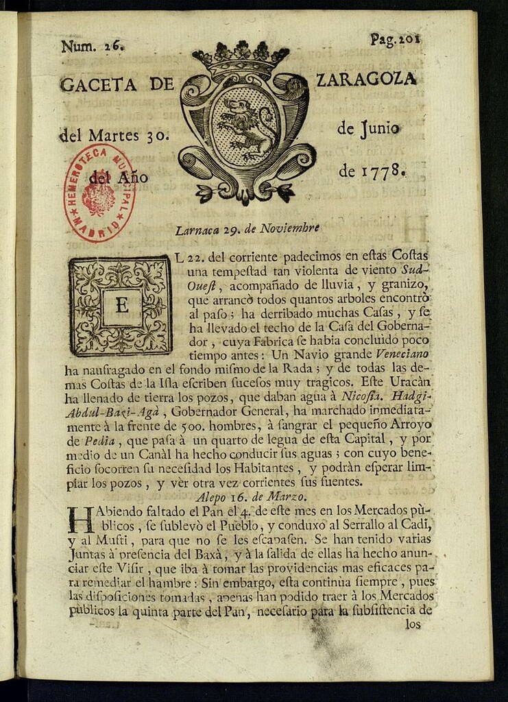 Miniatura de Gazeta de Zaragoza del 30 de junio de 1778