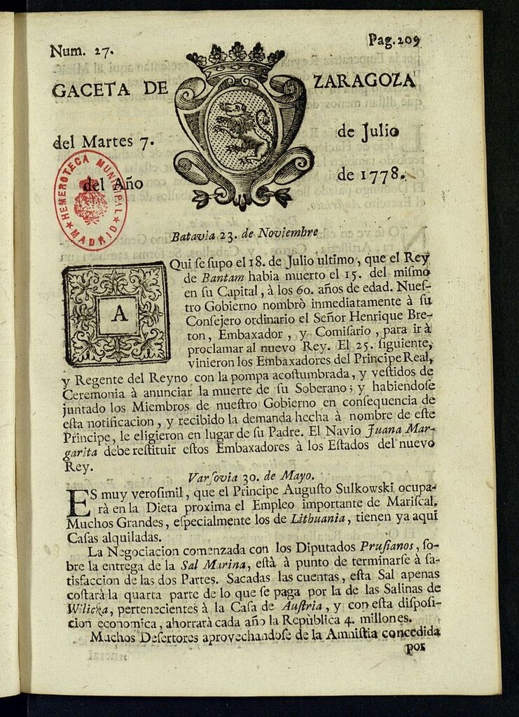 Miniatura de Gazeta de Zaragoza del 7 de julio de 1778