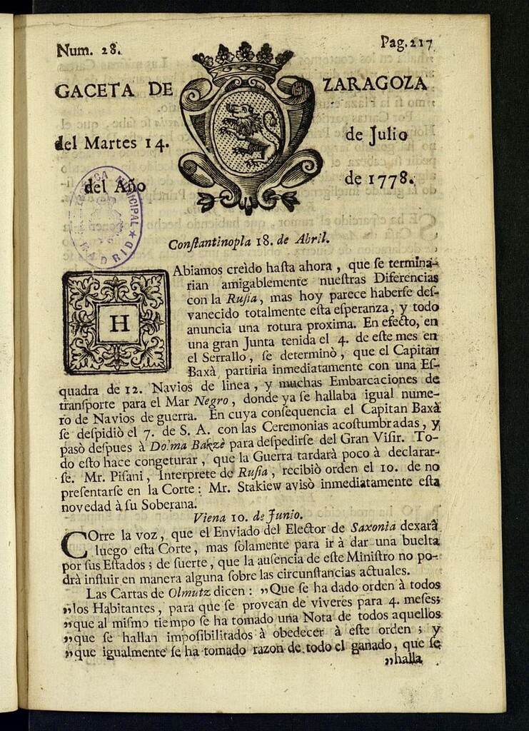 Miniatura de Gazeta de Zaragoza del 14 de julio de 1778