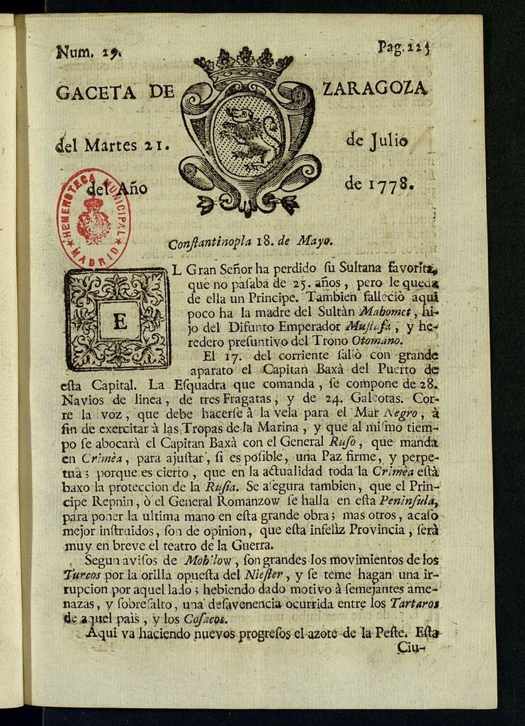 Miniatura de Gazeta de Zaragoza del 21 de julio de 1778