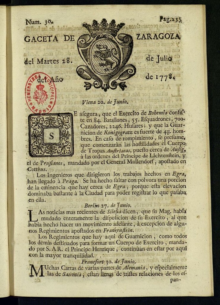 Miniatura de Gazeta de Zaragoza del 28 de julio de 1778