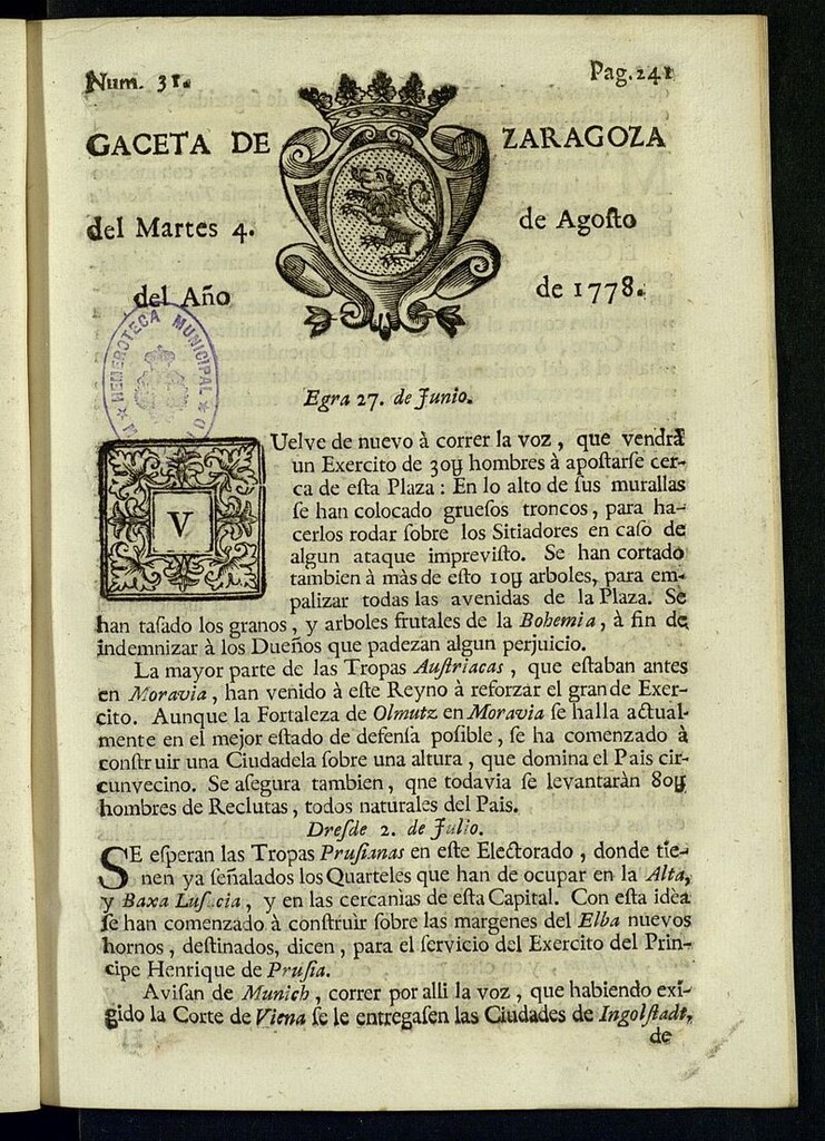 Miniatura de Gazeta de Zaragoza del 4 de agosto de 1778